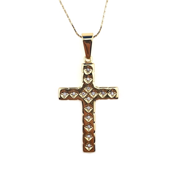 24K Yellow Gold 1/2 ct Created Diamond Cross Stud Necklace Plated 18 inch