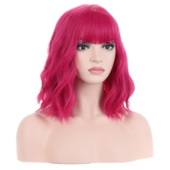 RightOn 14" Hot Pink Wig Short Curly Wig with Bangs Hot Pink Wig Synthetic Wigs Women  Rose Red Wig with Wig Cap