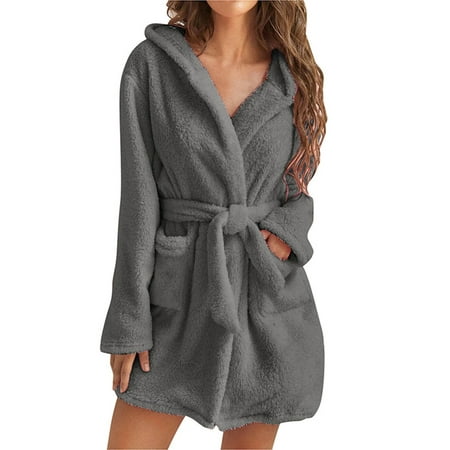 

ZIYIXIN Women Autumn Winter Warm Plush Nightgown Soft Long Sleeve Hooded Sleepwear with Belt