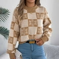 thumbnail image 6 of larppty Women's Knit Winter Sweater Snowflake Checkered Color Block Pullover Tops Trendy Y2k Clothes (Khaki, S), 6 of 8