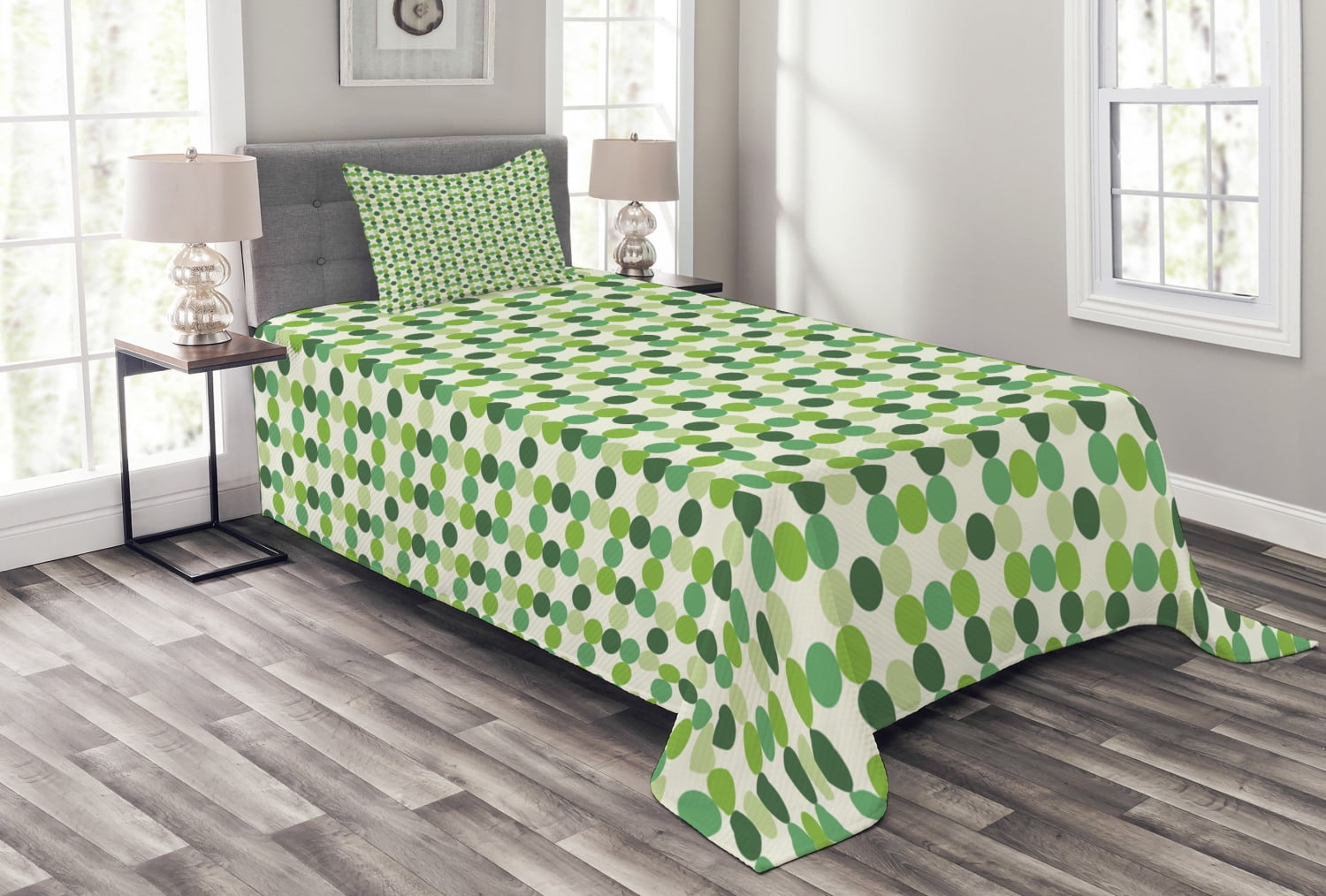 Green Bedspread Set, Circles of Various Tones Shades and Tints of Green