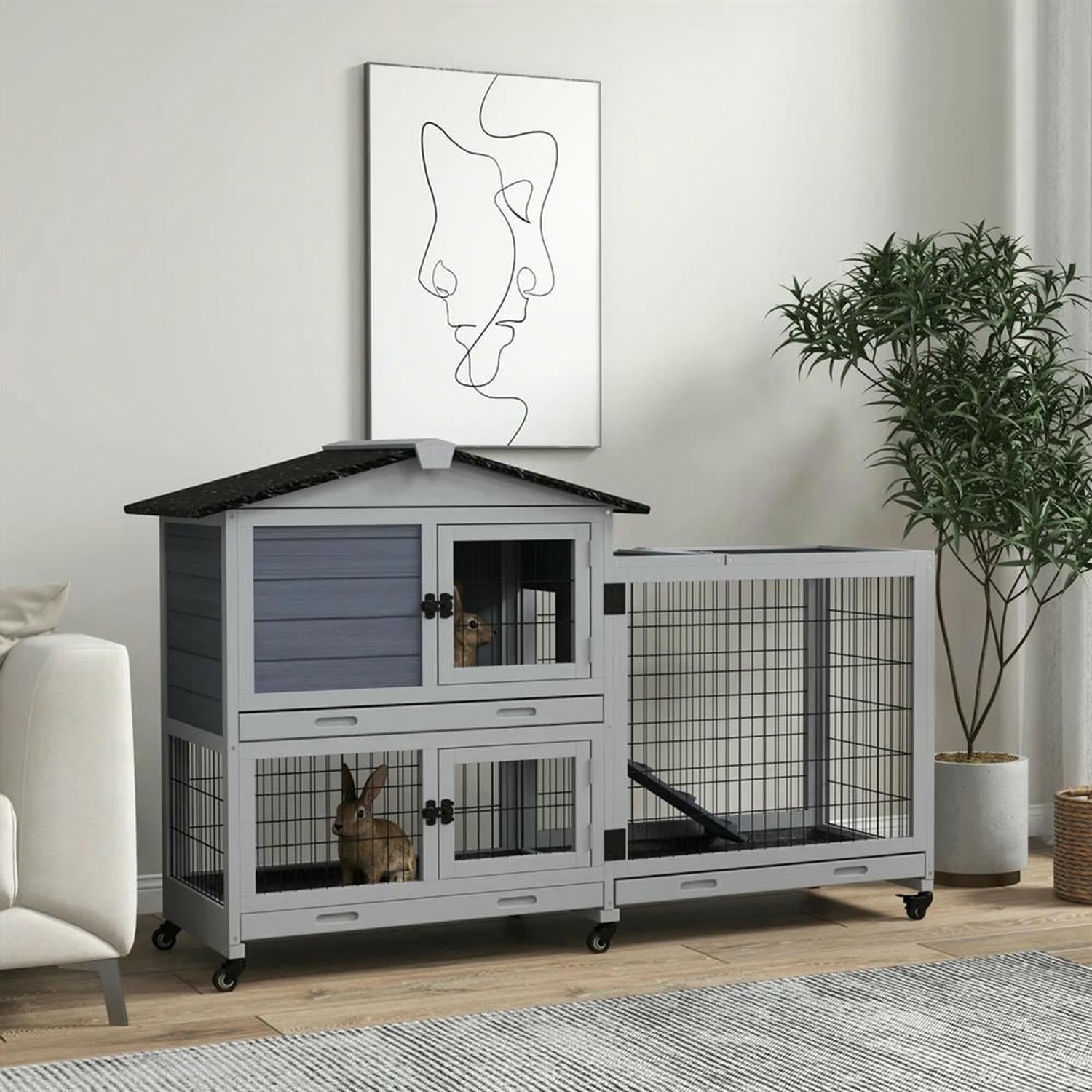 Kadyn 62" 2-tier Wooden Rabbit Hutch with Wheels and Slide-out Tray, Outdoor Small Animal Habitat Chicken Coop Bunny Cage for Bunnies, Guinea Pigs, Gray