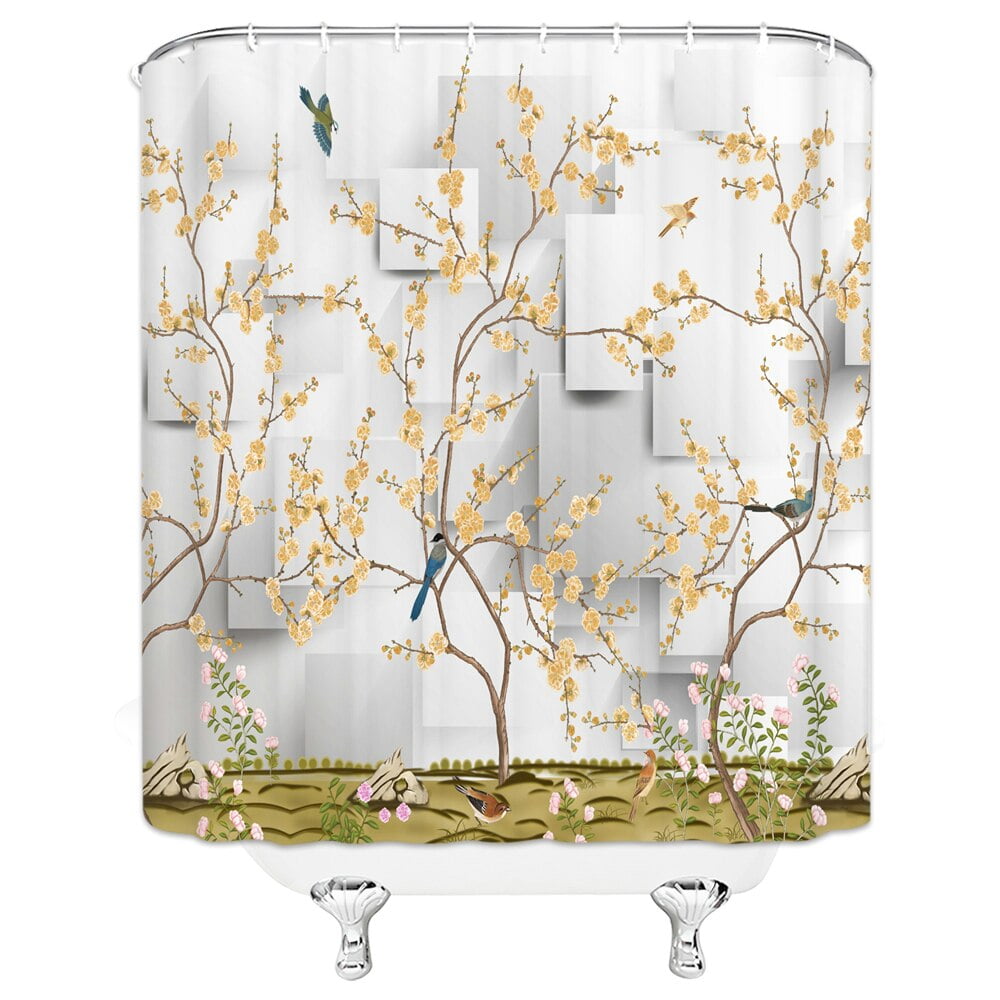 3D Printing Modern Cartoons Landscape Shower Curtain Rose Flowers Bird