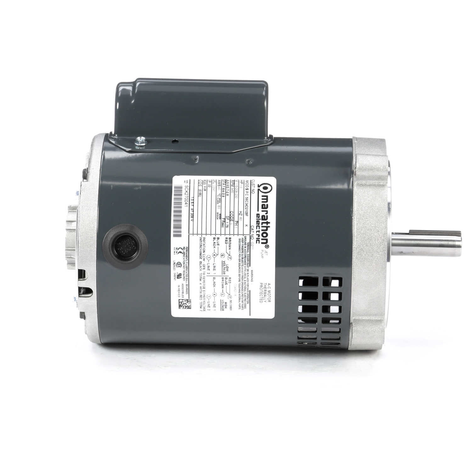Marathon O211 56C Frame Open Drip Proof 56C34D2109 Oil Burner Motor, 1/3 hp, 3600 rpm, 115/208-230 VAC, 1 Phase, 1 Speed, Ball Bearing, Flange Mount, Capacitor Start