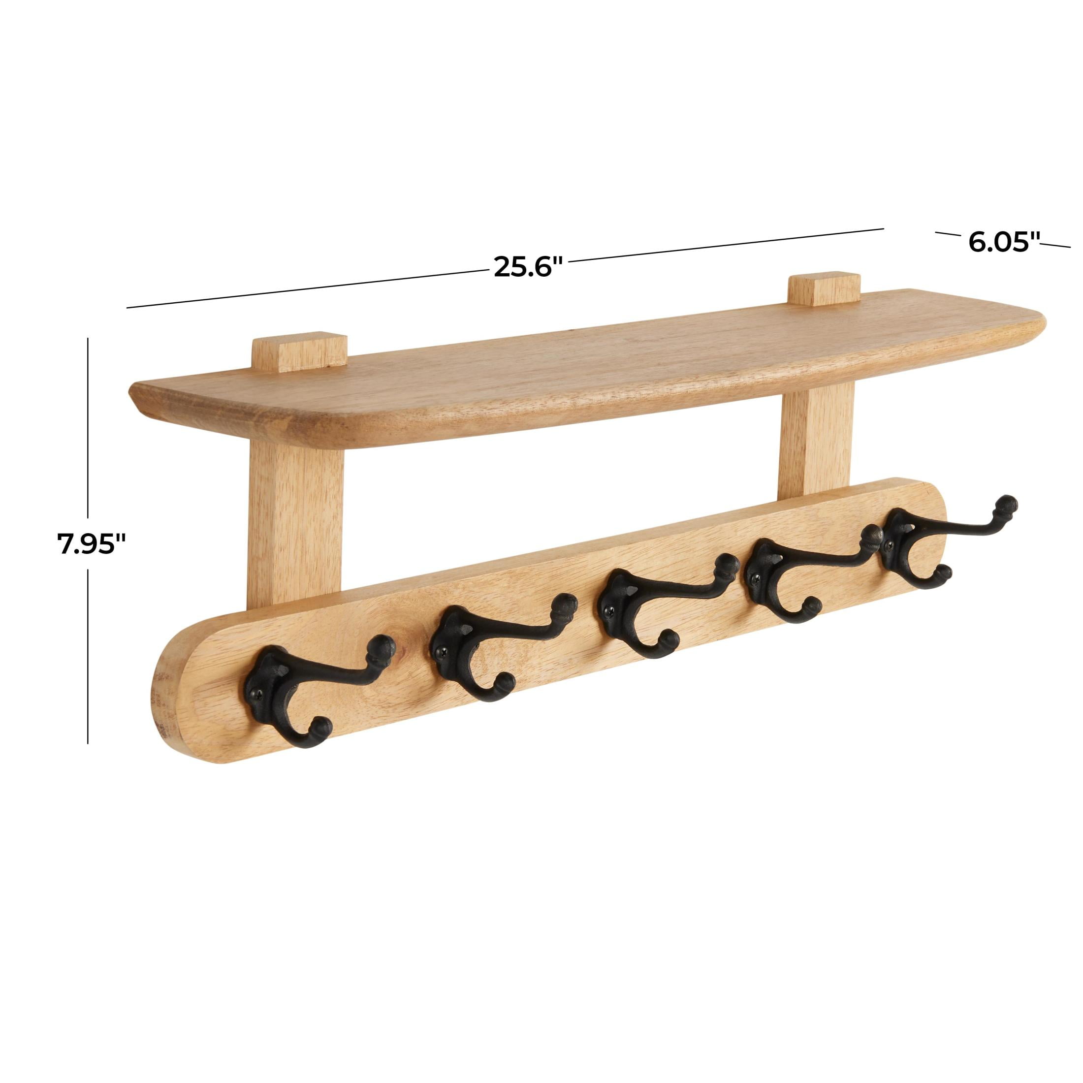 DecMode 26" x 8" Brown Mango Wood Handmade Single Shelf Wall Hook with 5 Hooks, 1-Piece