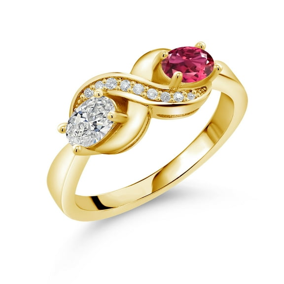 Gem Stone King 18K Yellow Gold Plated Silver Lab Grown Diamond and Pink Tourmaline and White Created Sapphire Infinity Promise Ring for Women | 0.97 Cttw | Oval 6X4MM | Gemstone Birthstone | Size 5