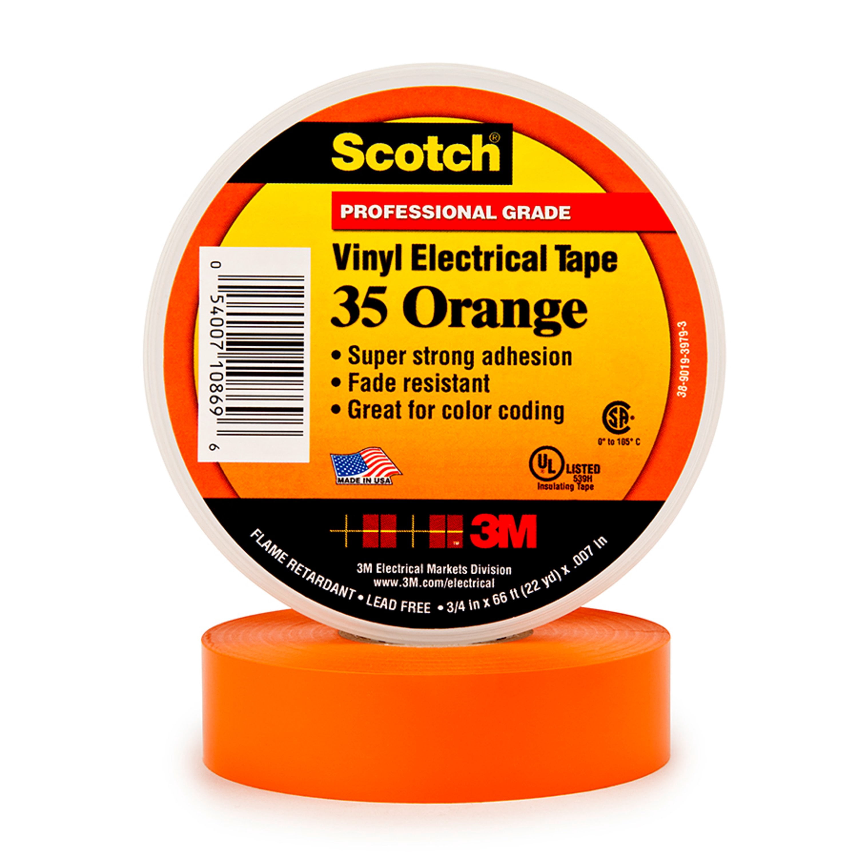 Scotch Vinyl Color Coding Electrical Tape 35, 1/2 in x 20 ft, Orange, 10 rolls/carton, 100 rolls/Case