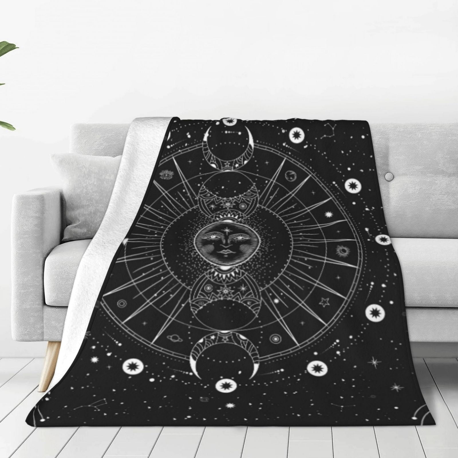 Sun Moon Blanket Stars Space Psychedelic Black and White Print Throw