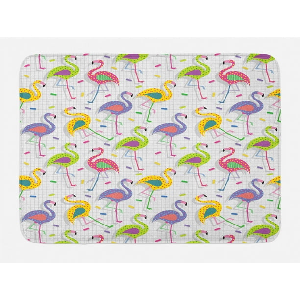 Flamingo Bath Mat, Colorful Retro Vintage Flamingo Patterns in Polka