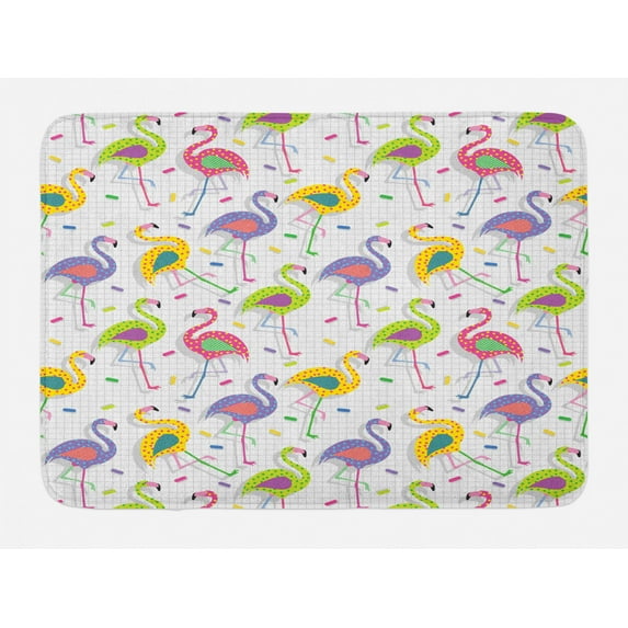 Flamingo Bath Mat, Colorful Retro Vintage Flamingo Patterns in Polka Dot Design Checked Background, Non-Slip Plush Mat Bathroom Kitchen Laundry Room Decor, 29.5 X 17.5 Inches, Multicolor, Ambesonne