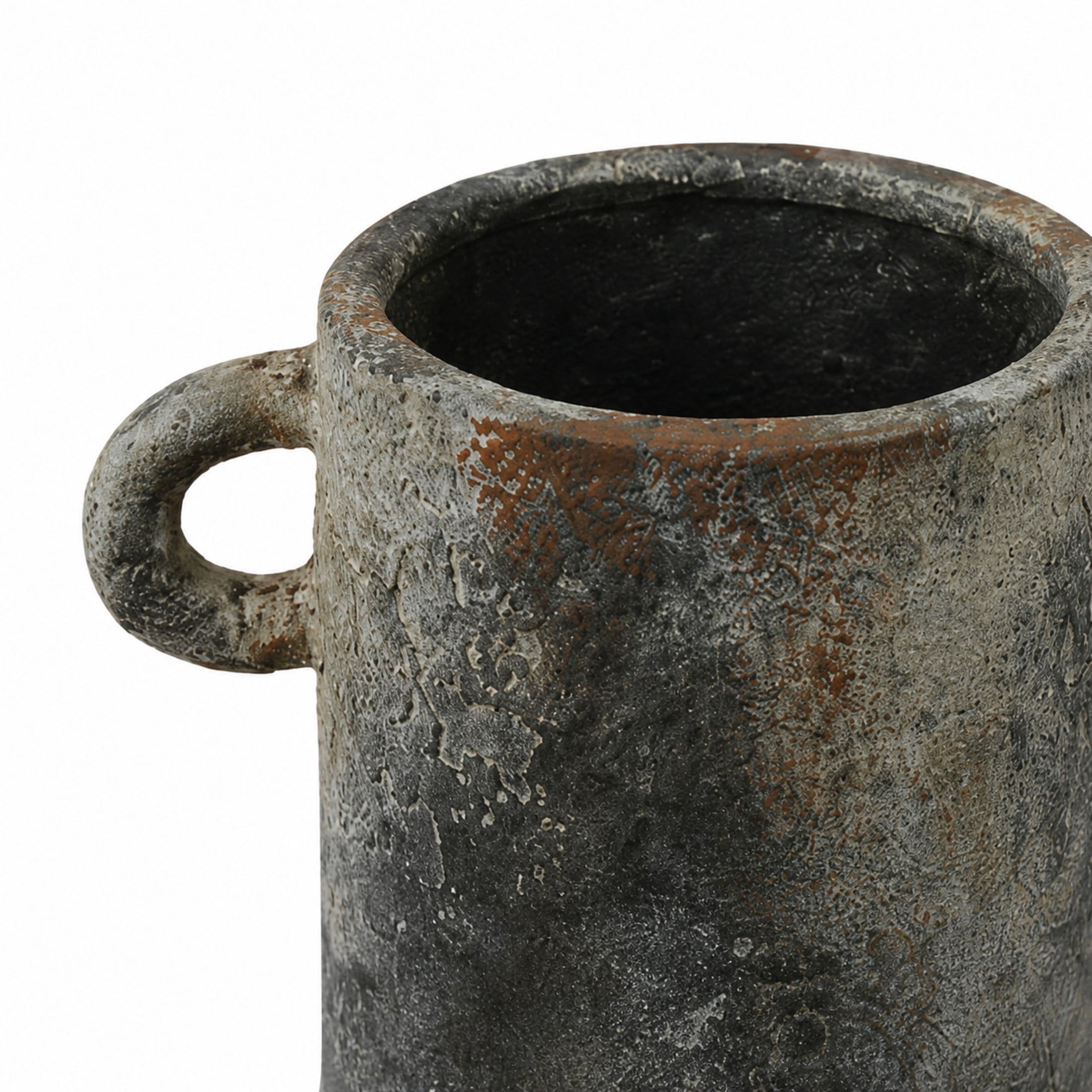 DecMode 10" Antique Style Textured Dark Gray Ceramic Vase with Brown Accents and Handles