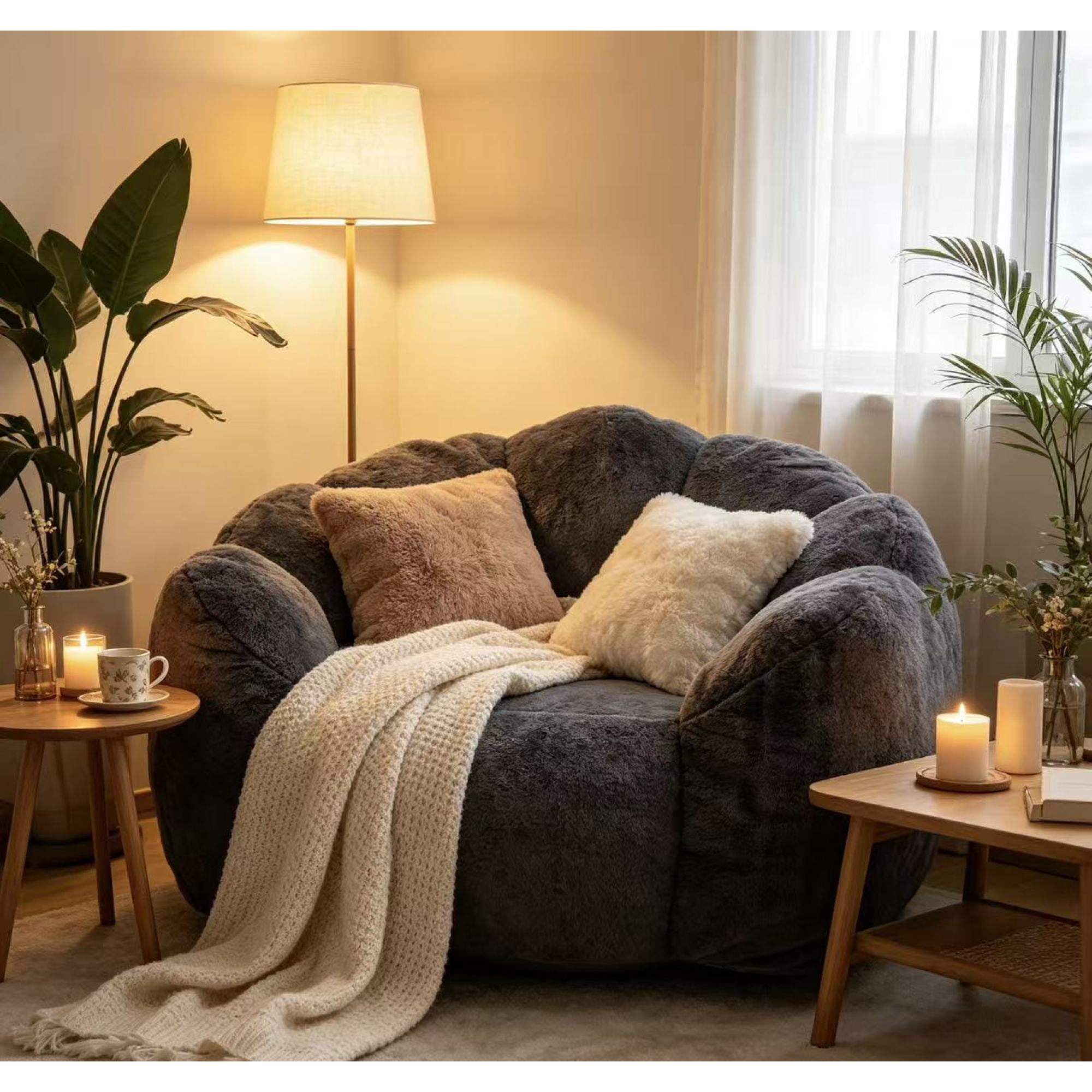 Leumius Large Lazy Sofa Chair, Comfortable Velvet Fabric Large Petal Sofa for Bedroom, Living Room and Gaming Grey