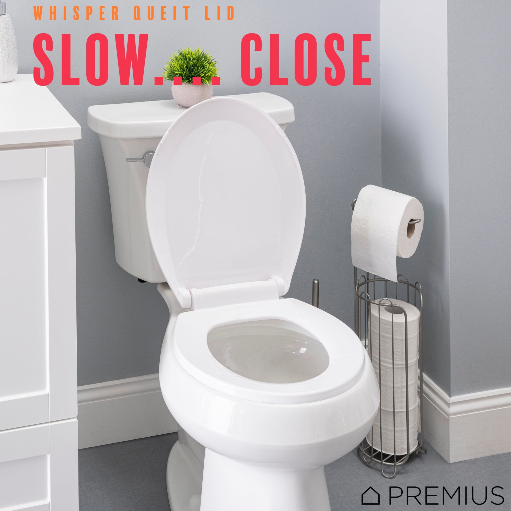 PREMIUS Slow Close Beveled Plastic Toilet Seat, White, Standard Round, 17 Inches