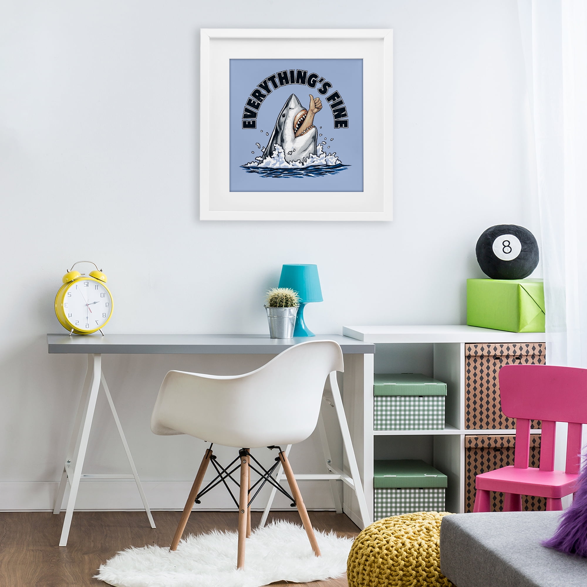 Everything's Fine Shark Bite White Framed Print Under Glass, design by Jedco Brands Inc.
