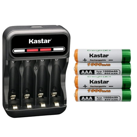 Kastar 4-Pack AAAJ 1.2V 1000mAh Ni-MH Battery and CMH4 Charger Compatible with Panasonic KX-TGA430 KX-TGA430B KX-TGA470 KX-TGA550M KX-TGA630 KX-TGA630S KX-TGA641 KX-TGA641T KX-TGA651 KX-TGA653