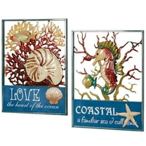 Coral Impressions Beach Seashell Seahorse Wall Sign Metal Coastal Island Decor Set of 2