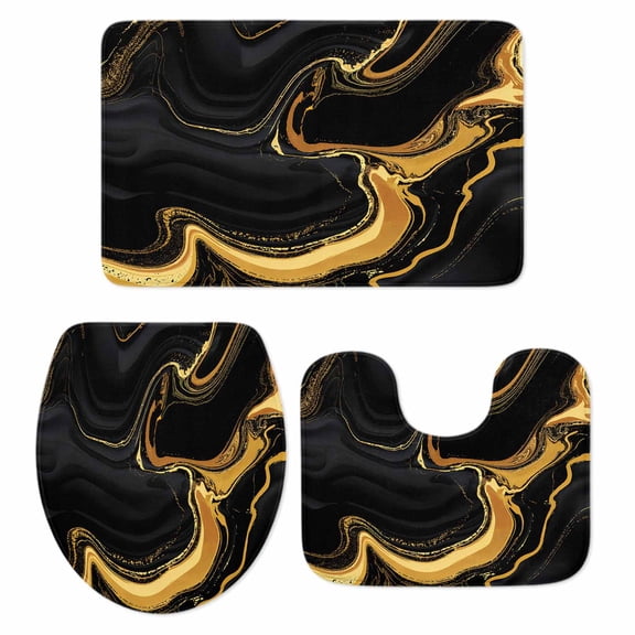 Black Gold Bathroom Rugs Set Marble Luxury Abstract Abstract Fluid Texture Non Slip Absorbent Soft Bath Mats 3 Piece Set with Bathroom Rug, U-Shaped Floor Mat, Toilet Seat Cover Large Size
