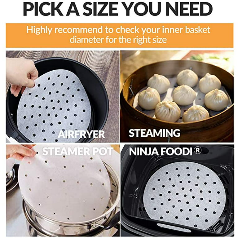 100 Pack Round Air Fryer Liners with Holes for Air Fryer Basket, Dumpling  Paper, 8-Inch Perforated Bamboo Steamer Liner Sheets for Air Frying,  Steaming, and Baking (White) 