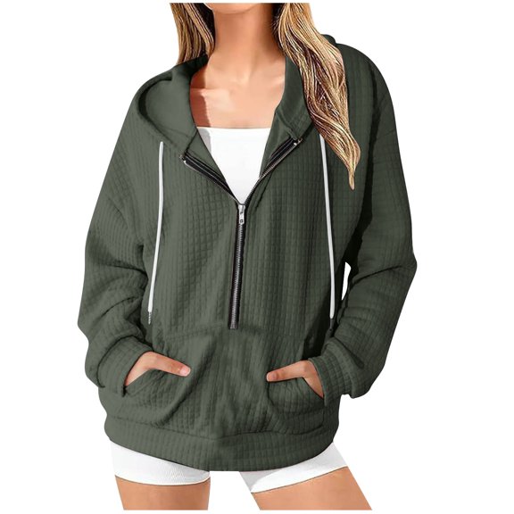Womens Hoodies Half Zip Drawstring Long Sleeve Active Textuered Soft Sweatshirts for Women with Pocket Dressy Casual Waffle Pullover Tops Loose Hooded Sweatshirt