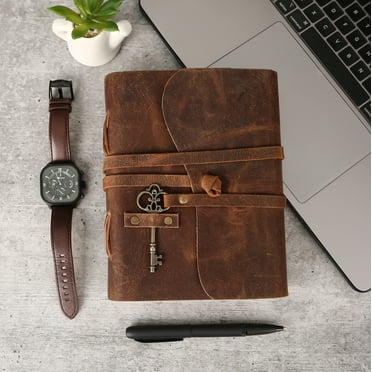 Leather Journal with unlined Deckle Edge Paper and Vintage Key/Handmade Writing Notebook Diary/Bound Daily Notepad for Men & Women Medium, Writing pad Gift for Artist, Sketch