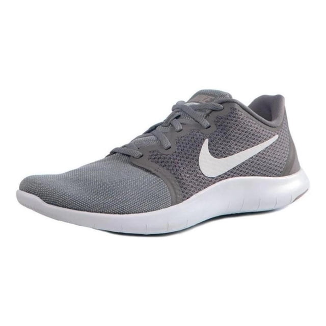 tenis nike flex contact 2 para hombre aa7398-011 gris 27.5 vista 3/4 izquierda, zapato deportivo gris con parte superior de malla transpirable, logo Swoosh blanco, cordones planos, talón redondeado, suela blanca de espuma con ranuras flexibles y caucho en el talón; suele usarse también para entrenamientos ligeros y caminatas.
