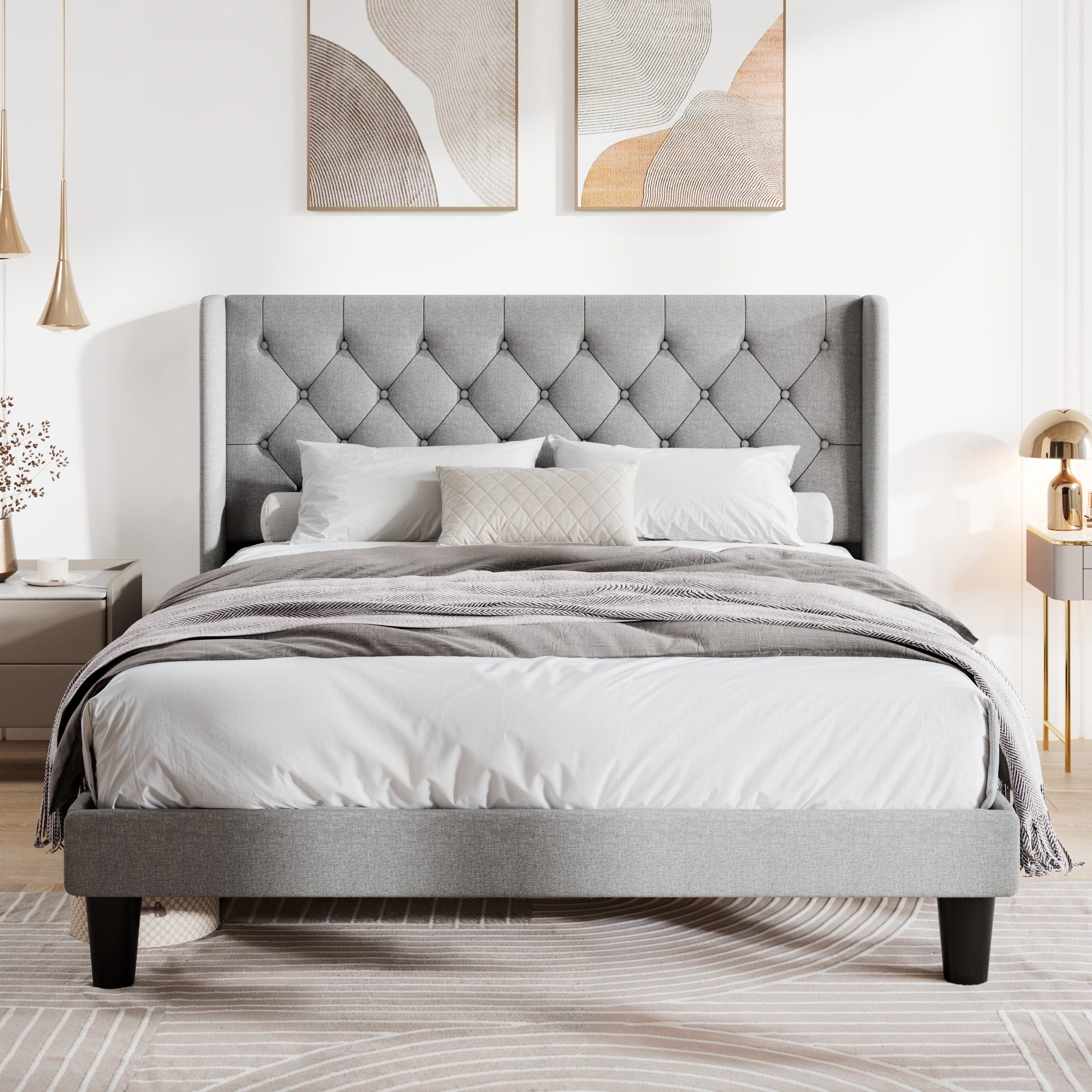 Allewie Queen Size Upholstered Platform Bed Frame with Fabric Wingback Button Tufted Headboard, Light Grey