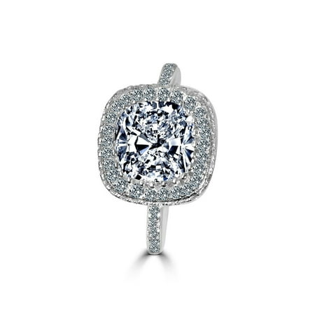 Lover Radiant Ring (2 CT.(8x8mm) Square Cushion Radiant Center w/Halo Pave Simulated Diamond Set Sterling Silver w/Rhodium Electro-Plate)
