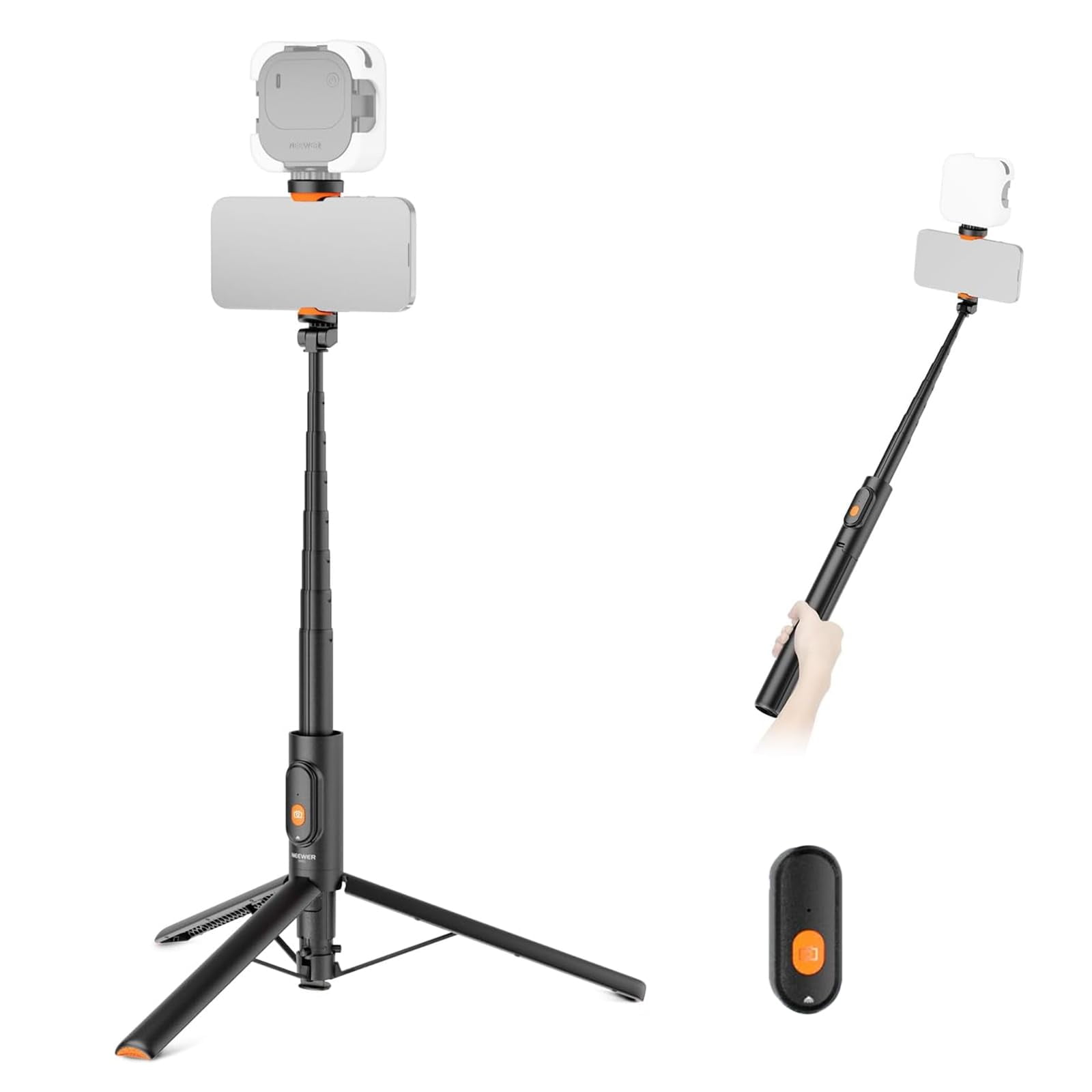 Neewer PA992 57.9" Selfie Stick Tripod - Metal w/Phone Holder & Remote for iPhone/Android, Black