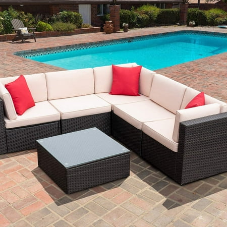 Vineego 6 Pieces Outdoor Patio Furniture Sets Wicker Sectional Sofa PE Rattan Conversation Sets, Beige
