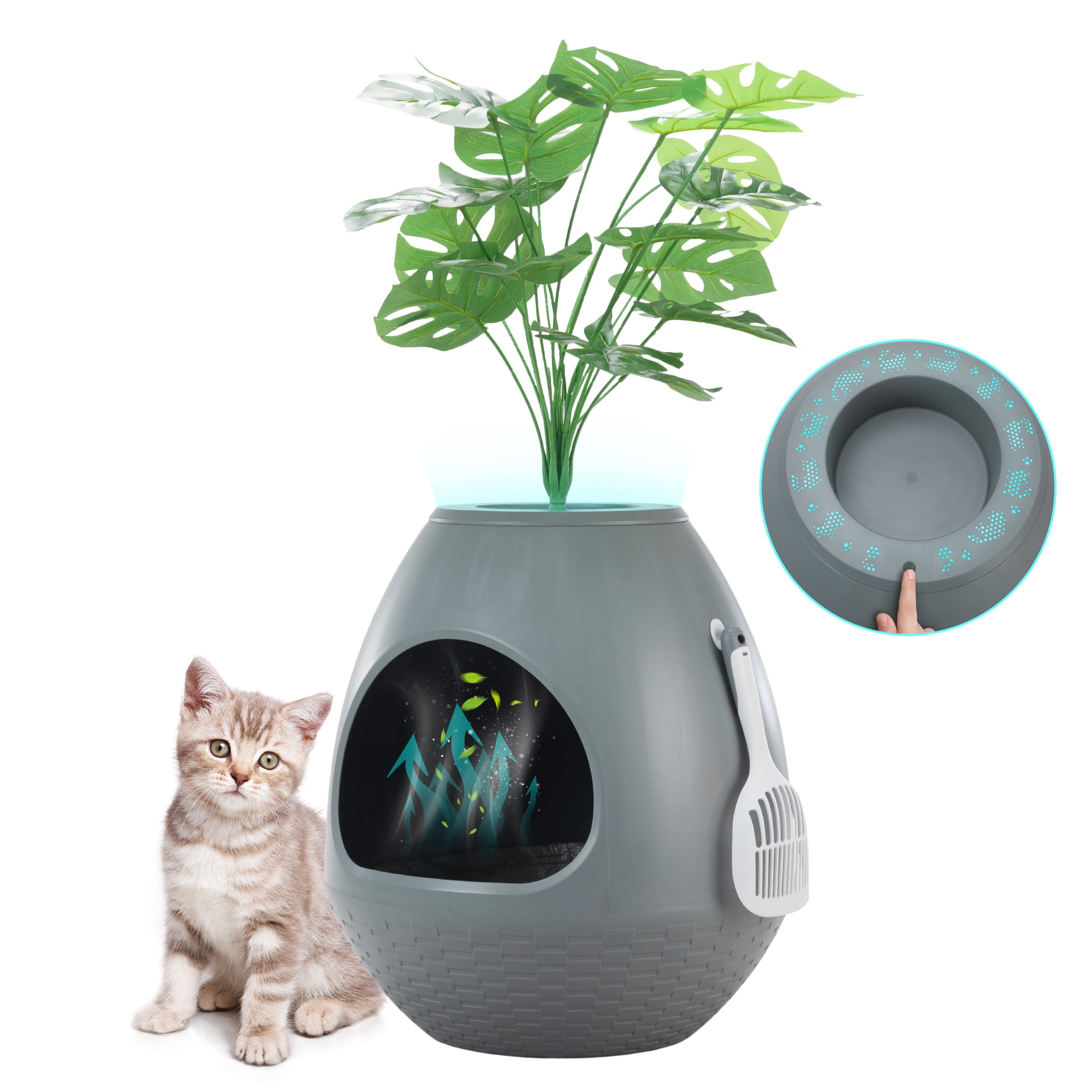 Jaxpety Smart Plant Litter Box,Hidden Cat Litter Box with Deodorization System, Exhaust Fan,Light, Scoop, Artificial Plants for Apartments and Offices Living Room Bedroom,Gray
