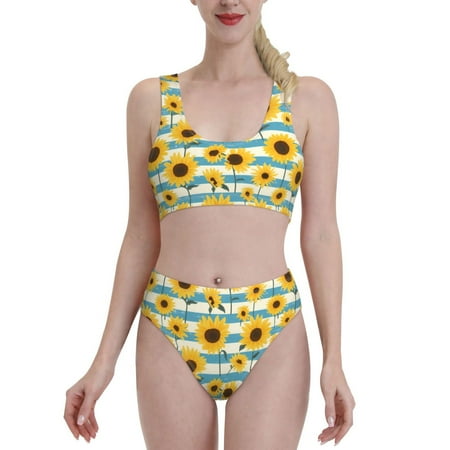 High Waisted Bikini Sets For Women  White Blue Striped Sunflower Two Piece Swimsuit Sporty Scoop Neck Bathing Suit