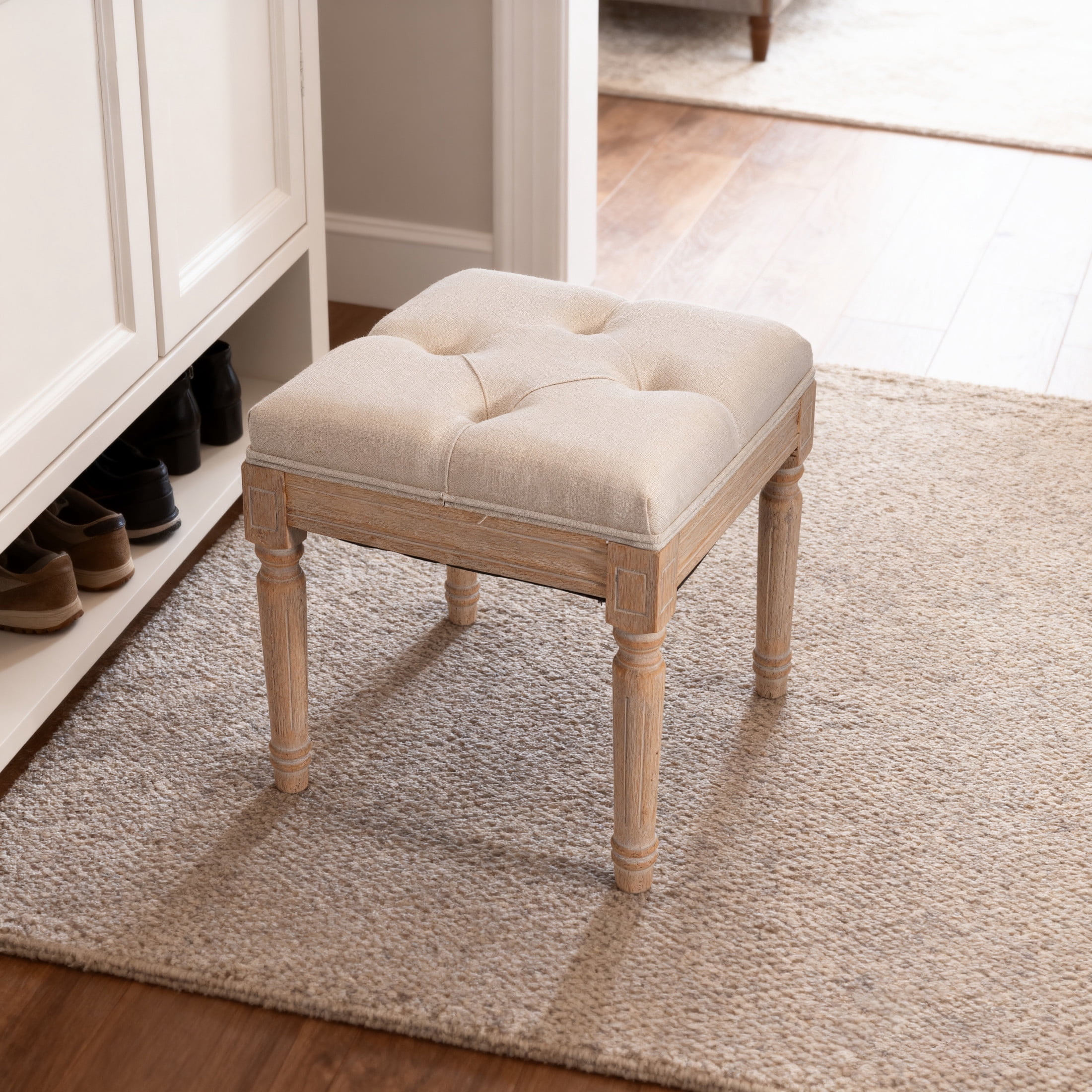 Noble House Edwin 16" Square Upholstered Ottoman Bench with Wood Legs, Rustic Vanity Stools for Bedroom, Beige