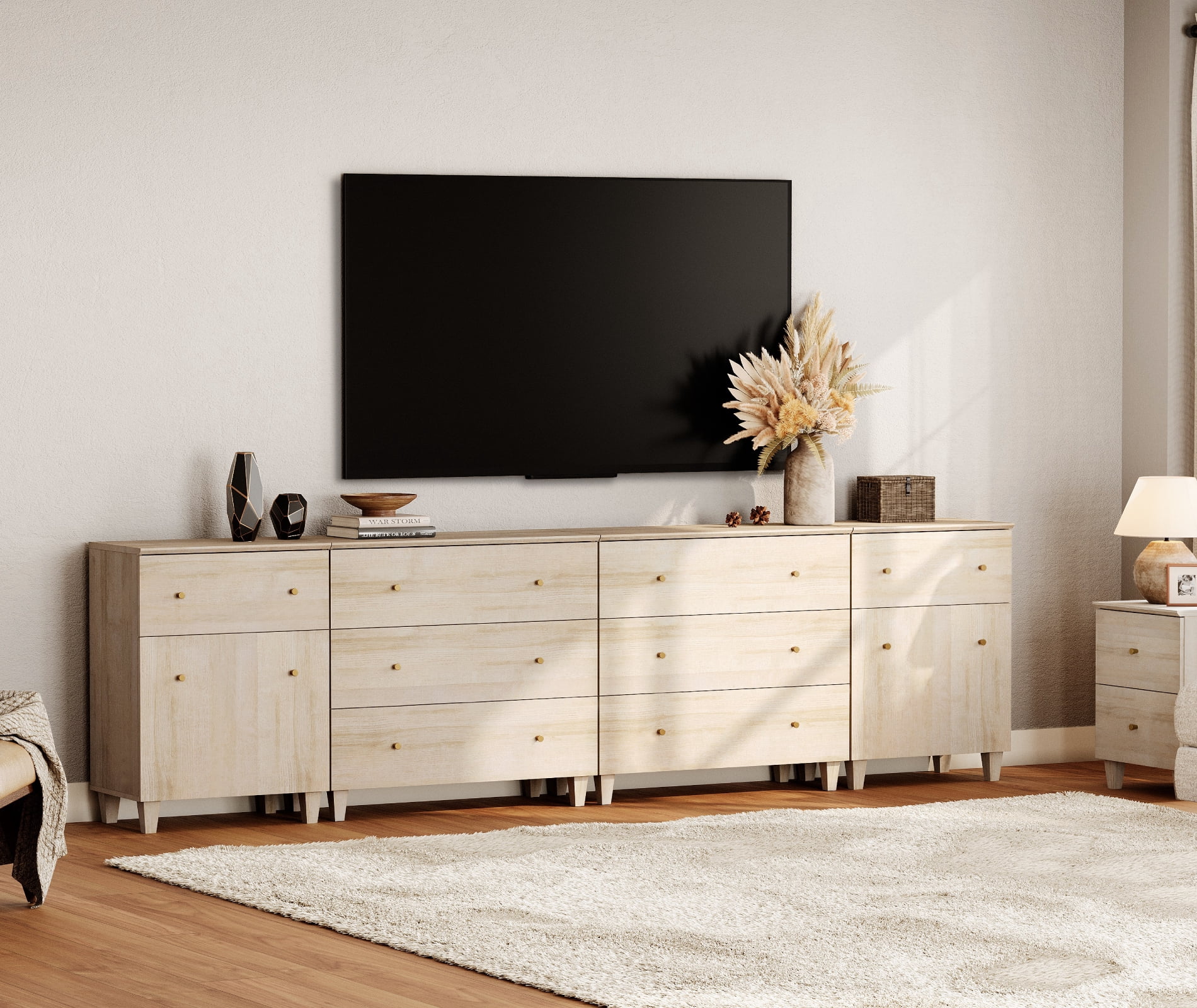 WAMPAT Wide Modern TV Stand for 110+ Inches TVs, 4-in-1 Large Wooden Media Console with 8 Spacious Drawers and 2 Storage Cabinets for Living Room, Light Oak