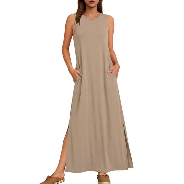 Vestido de Verano de Longitud de Rodilla para las Mujeres sin Mangas Vestido de Playa Casual Sólido con Cuello en V, Vestido Casual con Cuello en V para las Mujeres