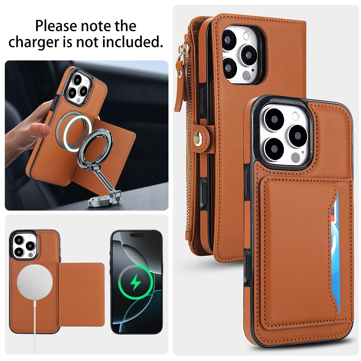 Designed for iPhone 15 Pro Multi-Function Wallet Phone Case,With Shoulder Strap&Wrist Strap,Cash Pocket&Card Slots,Zipper Purse,Magnetic Detachable PU Leather Flip Phone Case,Brown