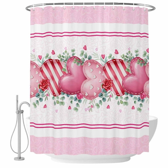 Polyester Fabric Valentine's Day Shower Curtain, Pink Love Heart Eucalyptus Leaves Striped Waterproof Bathtub Curtain Bathroom Decor Set with Hooks 54 x 78 Inches