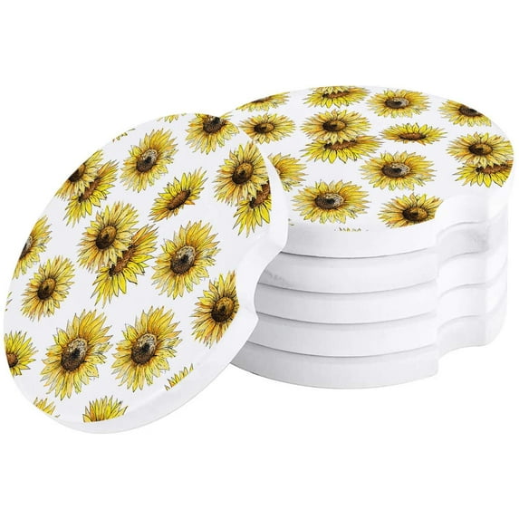 FMSHPON Hand Drawn Sunflower Pattern Set of 4 Car Coaster for Drinks, Absorbent Ceramic Stone Coasters Cup Mat with Cork Base for Home Kitchen Room Coffee Table Bar Decor