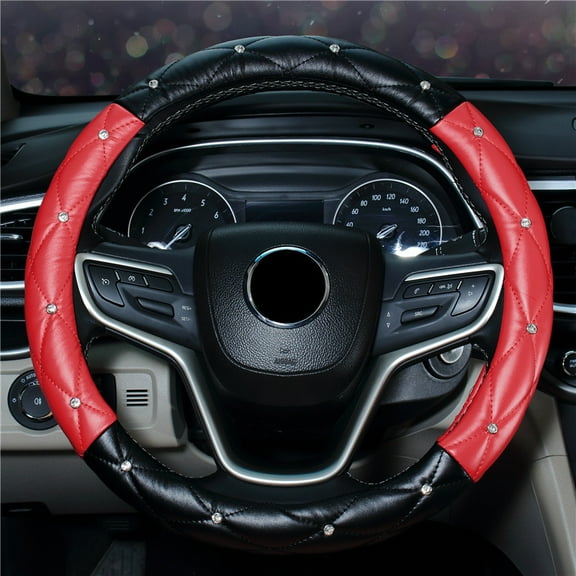 Cute Diamond Soft Leather Anti-Slip Steering Wheel Cover with Bling Bling Crystal Rhinestones, Universal 15 Inch for Women Girls, Fit Vehicles, Sedans, SUVs, Vans, Trucks - Black and Red