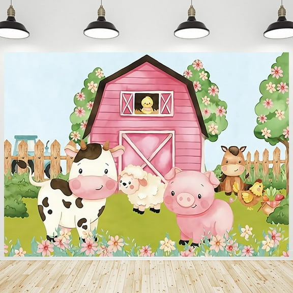 Farm Theme Birthday Backdrop Cartoon Farm Animals Pink Barn Cows Pigs Trees Background Photography Banner for Kids Baby Shower Birthday Party Cake Table Decorations Photo Photo Booth Props