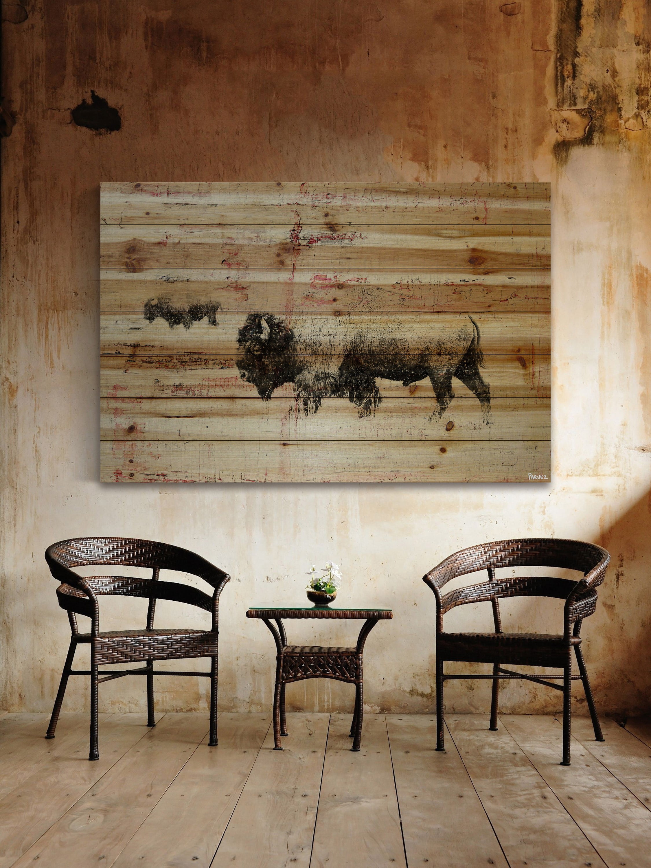 "Buffalo Walking" Painting Print on Natural Pine Wood