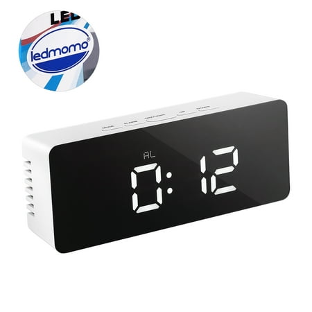 WHAMVOX LED Mirror Alarm Clock with Large Digital Display and Snooze Function for Home Use Silver 3AAA Batteries