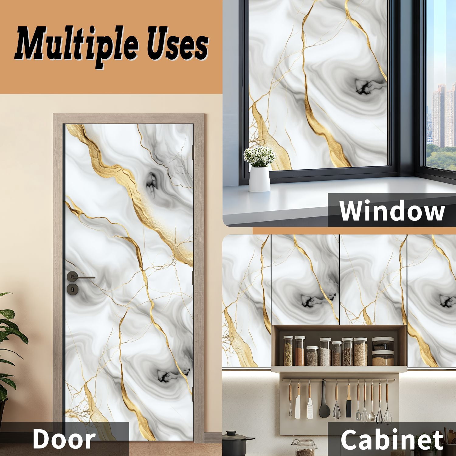 Self Adhesive Vinyl Refrigerator Wrap Set Elegant Black White Marble Gold Veins Abstract Design Door Mural Removable Fridge Sticker Peel and Stick&nbsp;Full Door Cover Decal Kitchen Bar Decor