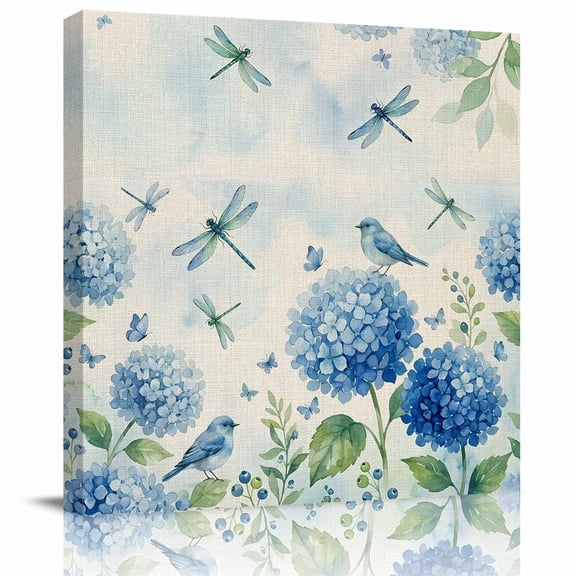 Wall Art Prints, Blue Flora Framed Canvas Prints for Bedroom Living Room Bathroom Office, Spring Hydrangea Flowers Hydrangea Dragonfly Beige Gallery Wrap Wall Art Poster for Gifts Home Decor 8"x8"