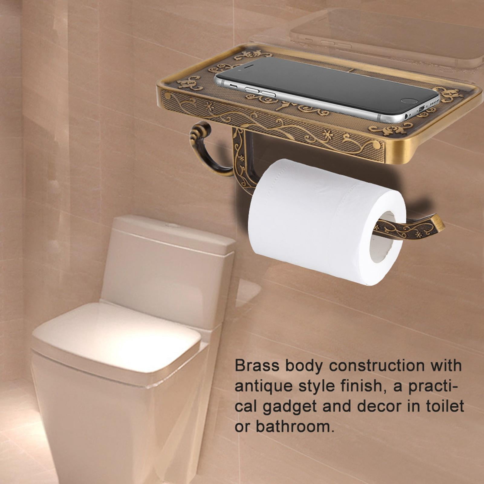 Suodoka Antique Brass Toilet Paper Holder & Phone Shelf – Wall‑Mounted, Vintage Finish, Scratch‑Resistant, Elegant Design with Complete Mounting Kit