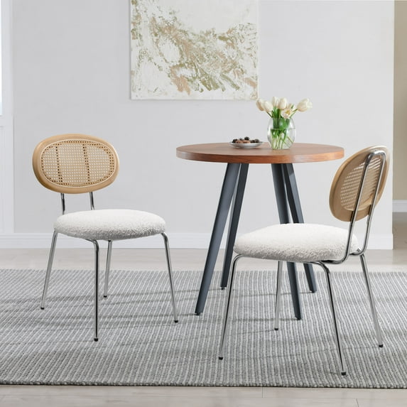 Kithkasa Rattan Boucle Dining Chairs, Metal Legged, Set of 2, Cream