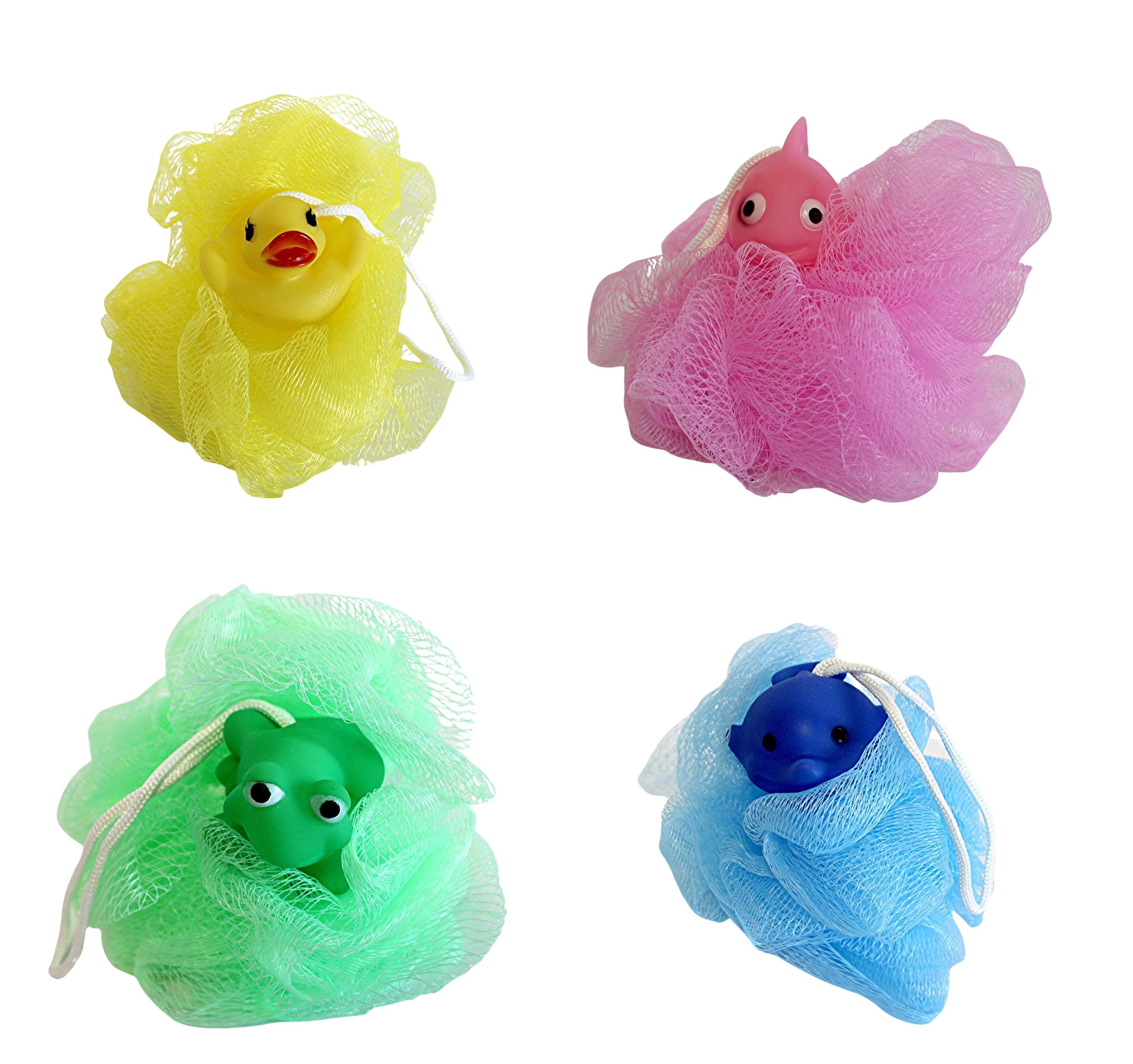 4 Pack Children's Kids Animal Exfoliating Bath Sponge Fun Squeaky Toy