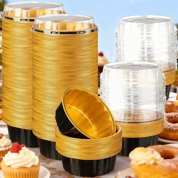 100 Packs 8 oz Disposable Ramekins with Lids, Elegant Blue Foil Cups for Parties, Weddings, Catering & Dessert Display