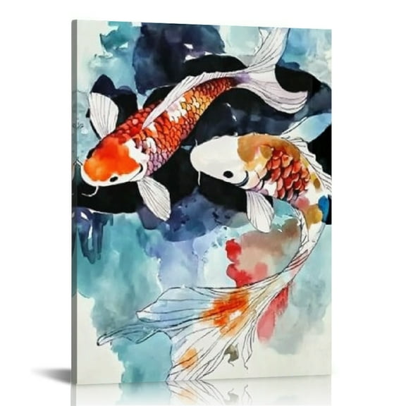 Creowell Koi Fish Watercolor Painting Canvas Wall Art Prints, Home Decor Living Room Bathroom Bedroom Office, Ready to Hang 12x16in