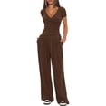 thumbnail image 4 of Scacto Women 2 Piece Outfit Sets, Short Sleeve V-Neck Ruched Top & Wide Leg Pants, Casual Daily Wear Gym Sweatsuit, 4 of 6