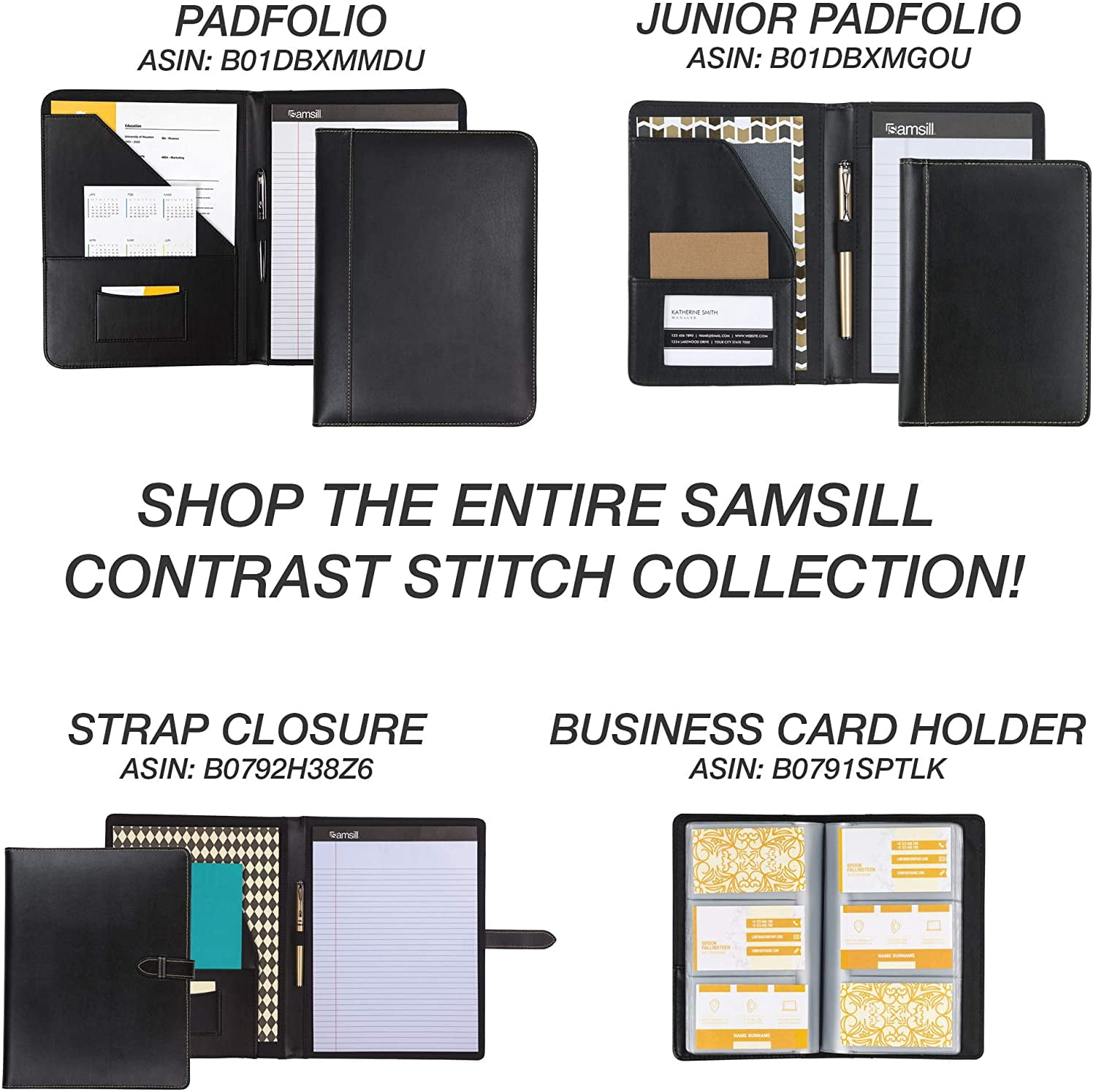 Samsill 1" Junior Size Contrast Stitch Leather 3 Ring Binder, Holds 8.5 x 5.5" Paper Size, Portfolio Organizer, Black
